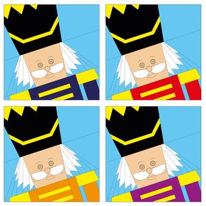 May include: Four different color variations of a paper craft nutcracker. The nutcracker is made of paper and has a black hat with a yellow trim, a white beard, and a red, blue, orange, or purple uniform.