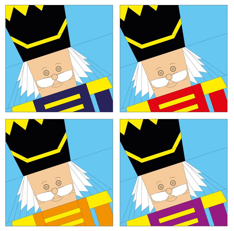 May include: Four different color variations of a paper craft nutcracker. The nutcracker is made of paper and has a black hat with a yellow trim, a white beard, and a red, blue, orange, or purple uniform.