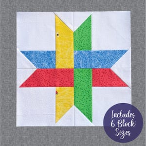 May include: A quilt block pattern with a star design in yellow, green, red, and blue fabrics. The block is on a white background with small white dots. The text "Includes 6 Block Sizes" is in a purple circle.