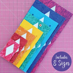 May include: A collection of colourful fabric pieces in various sizes, arranged diagonally. The fabrics feature geometric and floral patterns in shades of red, orange, yellow, blue, and purple. A circular graphic indicates the set includes 8 sizes.