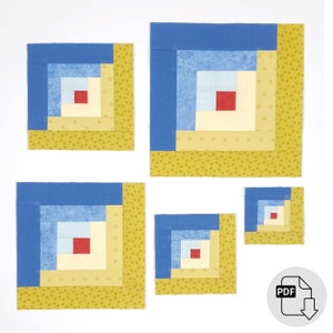 Puede incluir: Cuatro tamaños diferentes de un patrón de bloque de colcha llamado bloque 'cabaña de troncos'. Los bloques están hechos de tela azul y amarilla con un cuadrado central rojo. Los bloques están dispuestos en un patrón de cuadrícula sobre un fondo blanco.