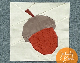 Acorn FPP Quilt Block ideal für Herbst und Herbst Patchwork und Quilt Projekte, kommt mit zwei Blockgrößen