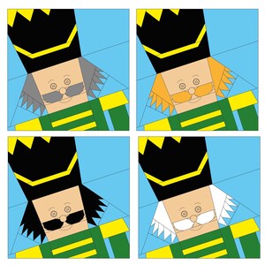 May include: Four different variations of a paper pieced nutcracker pattern. Each nutcracker has a black hat with a yellow trim, a green and yellow uniform, and a different colored beard. The nutcrackers have gray, orange, black, and white beards.