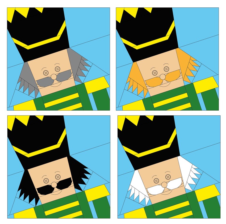 May include: Four different variations of a paper pieced nutcracker pattern. Each nutcracker has a black hat with a yellow trim, a green and yellow uniform, and a different colored beard. The nutcrackers have gray, orange, black, and white beards.