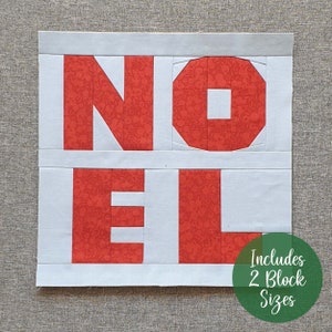 Könnte beinhalten: Ein weißes Stoffpanel mit dem Wort "NOEL" in roten Stoffbuchstaben. Die Buchstaben bestehen aus kleineren Stoffquadraten. Das Panel enthält den Text "Enthält 2 Blockgrößen".