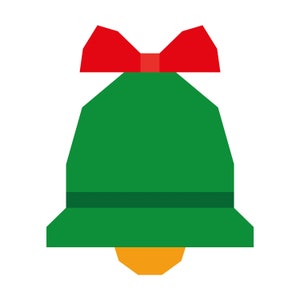Op de afbeelding: Een groene kerstbel met een rode strik erbovenop. De bel heeft een gouden klepel.