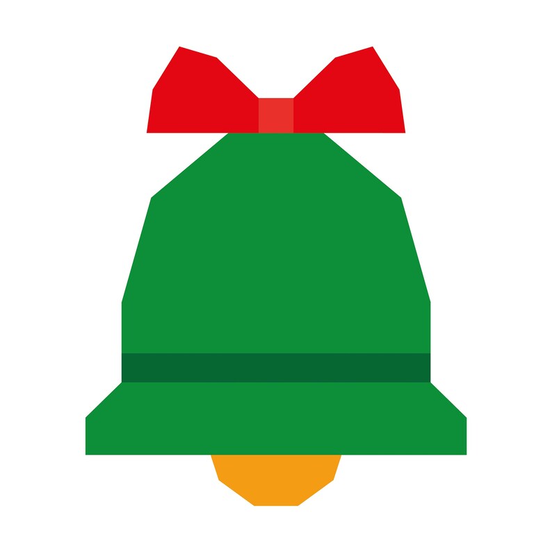 Op de afbeelding: Een groene kerstbel met een rode strik erbovenop. De bel heeft een gouden klepel.