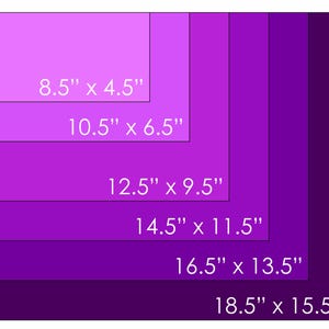 May include: A gradient of purple squares, each with dimensions in inches. The smallest square is 8.5" x 4.5", and the largest is 18.5" x 15.5". The text is in white.