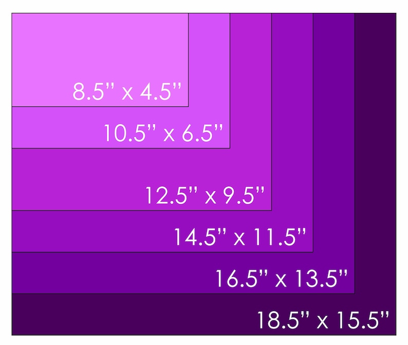 May include: A gradient of purple squares, each with dimensions in inches. The smallest square is 8.5" x 4.5", and the largest is 18.5" x 15.5". The text is in white.