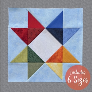 Sawtooth Star with Square in a Square FPP Quilt Block | Print at home PDF | 6 block sizes | quilt block | Paper Piecing | Ribbon Star