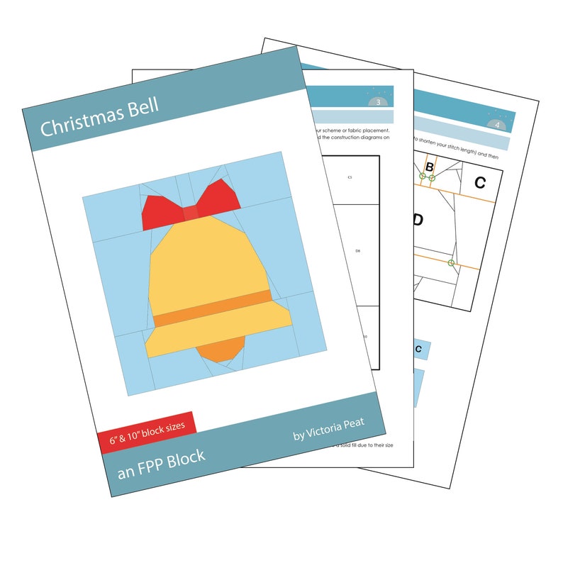 Op de afbeelding: Een kleurrijk papier-patchworkpatroon voor een kerstbel. Het patroon bevat instructies voor het maken van een blok van 15 cm of 25 cm. Het patroon is van Victoria Peat.