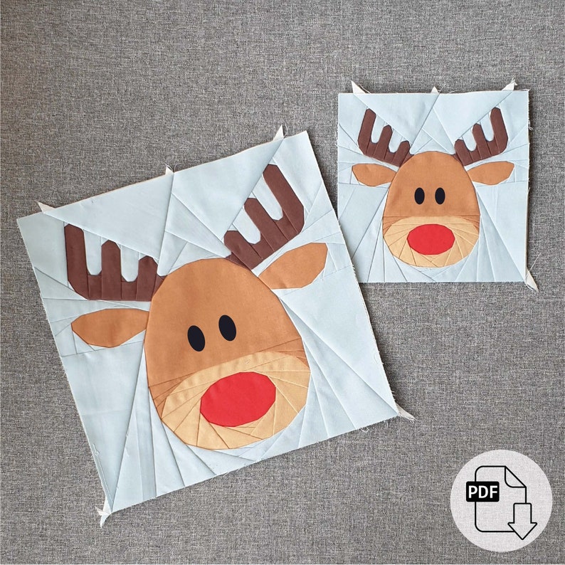Reindeer FPP quilt block pdf pattern in 2 sizes image 2