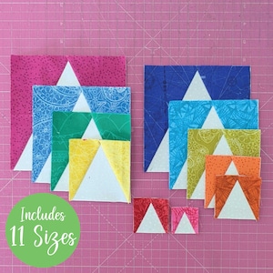 Triangle in a Square Units, Foundation Paper Piecing (FPP) print at home templates, 11 sizes included for lots of different quilt blocks