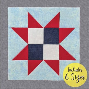 Bloque de edredón de estrella de dientes de sierra con cuatro parches, con piezas de papel, en 6 tamaños de bloque