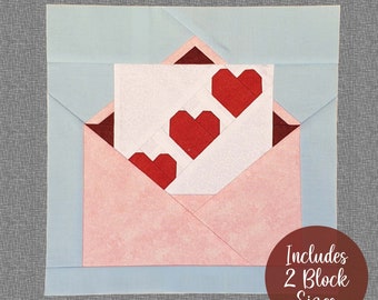 Love Letter FPP Quilt Block ideal for Valentines, Anniversary or Wedding themed patchwork and quilt projects, comes with two block sizes