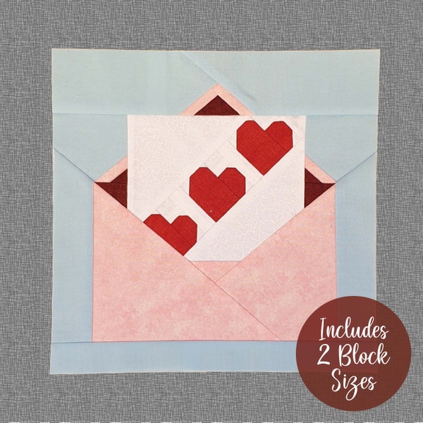 Love Letter FPP Quilt Block ideal for Valentines, Anniversary or Wedding themed patchwork and quilt projects, comes with two block sizes