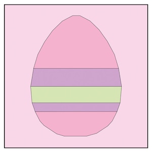 May include: A pink Easter egg with three purple stripes and one green stripe.