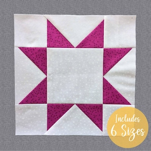 May include: A quilt block pattern featuring a white background with a pink star in the centre. The star is made up of four triangles, each with a white tip and a pink base. The block is surrounded by a white border.