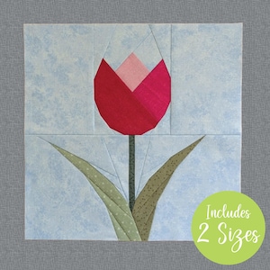Bloc de courtepointe tulipe FPP parfait pour les projets de patchwork et de courtepointe sur le thème du printemps et de l'été, livré avec deux tailles de bloc.
