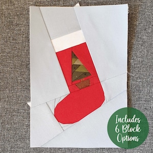 Mini Christmas Stocking FPP Quilt Block ideal for Christmas patchwork and quilt projects, finished quilt block measures 4&quot; high x 6&quot; wide