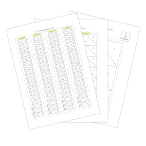May include: A black and white diagram showing how to cut fabric for a quilt. The diagram shows how to cut 1" x 6" flying geese units. The diagram also shows how to cut a 1" test square.
