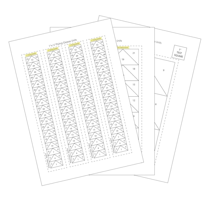 May include: A black and white diagram showing how to cut fabric for a quilt. The diagram shows how to cut 1" x 6" flying geese units. The diagram also shows how to cut a 1" test square.
