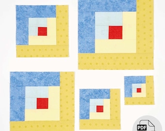 May include: Five different sized quilt blocks with a log cabin pattern. The blocks are made of blue, white, yellow, and red fabric. The blocks are arranged in a row from largest to smallest.