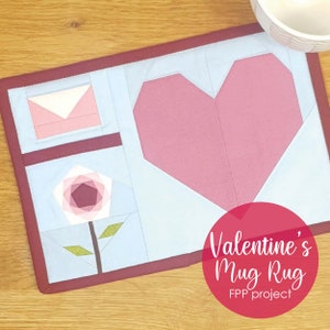Valentine&#39;s Day Mug Rug FPP mini quilt pattern featuring a heart quilt block