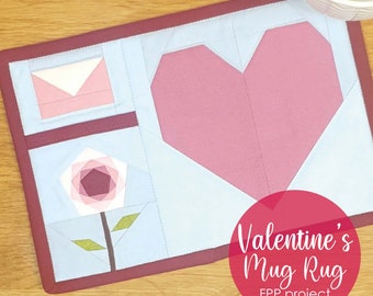 Valentine's Day Mug Rug FPP mini quilt pattern featuring a heart quilt block
