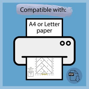 May include: A white printer with the text "A4 or Letter paper" is shown on a blue background. The printer is printing a diagram with a herringbone pattern. A PDF icon is in the lower right corner.