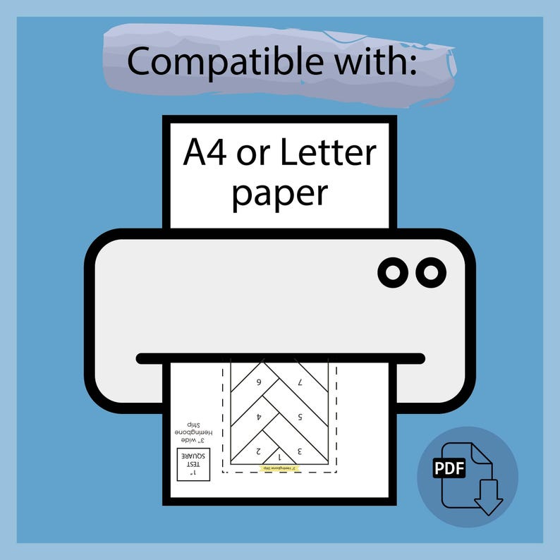 May include: A white printer with the text "A4 or Letter paper" is shown on a blue background. The printer is printing a diagram with a herringbone pattern. A PDF icon is in the lower right corner.