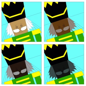 May include: Four different color variations of a paper pieced nutcracker pattern. The nutcracker is wearing a black hat with a yellow trim, a green and yellow striped jacket, and has a white beard and mustache. The nutcracker's face is either brown, tan, black, or gray.