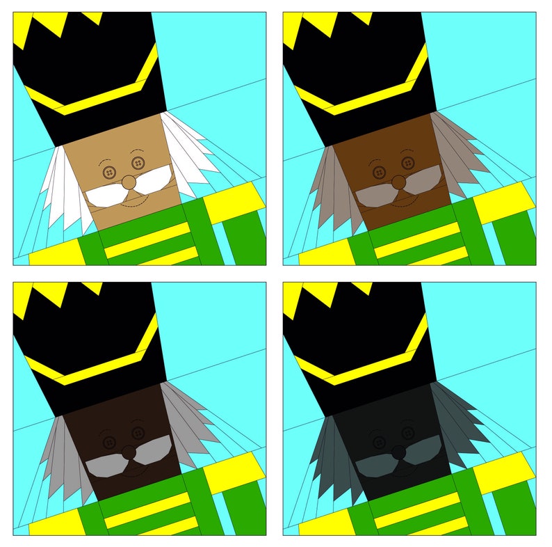 May include: Four different color variations of a paper pieced nutcracker pattern. The nutcracker is wearing a black hat with a yellow trim, a green and yellow striped jacket, and has a white beard and mustache. The nutcracker's face is either brown, tan, black, or gray.