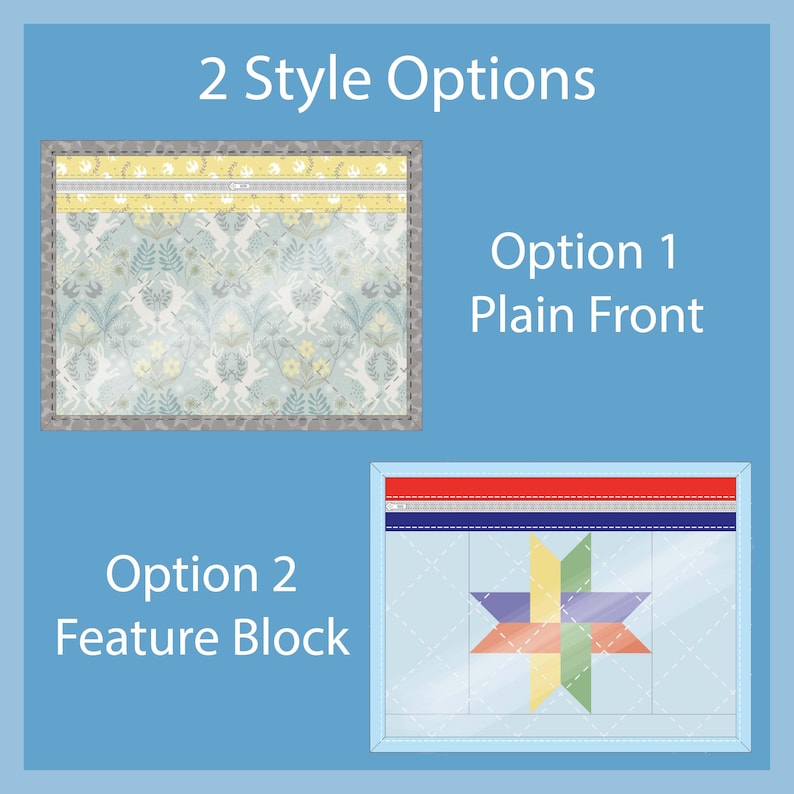 May include: Image showcasing two style options. Option 1 features a rectangular design with a floral pattern. Option 2 displays a star-shaped feature block in various colors. Text reads "2 Style Options", "Option 1 Plain Front", and "Option 2 Feature Block".