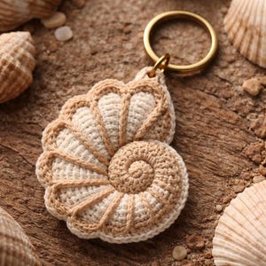 May include: A cream and tan crocheted seashell keyring. The keyring has a spiral design and a gold-coloured ring. The seashell is surrounded by other seashells on a wooden surface.