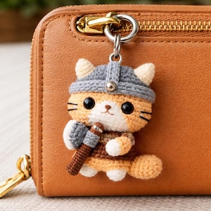 Viking Cat Battle Axe Amigurumi Charm, Warrior Kitten Weapon Accessory, Norse Mythology Inspired Plush Fob for Backpack or Keys
