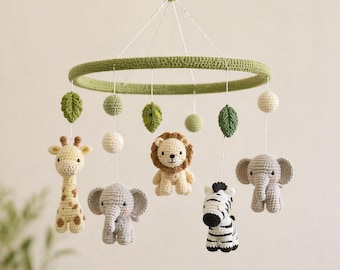 Crochet Safari Animal Hanging Art, Woodland Jungle Nursery Mobile with Lion and Elephant Figures for Newborn Room