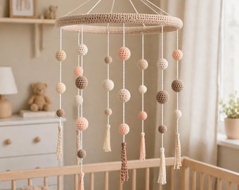 Woodland Mushroom Crochet Mobile, Forest Floor Nursery Hanging, Soft Autumn Earth Tone Crib Decor