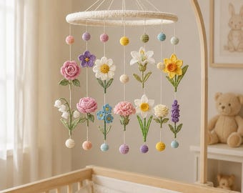 Custom Birth Month Flower Crochet Mobile, Personalized Floral Crib Keepsake, Botanical Nursery Art