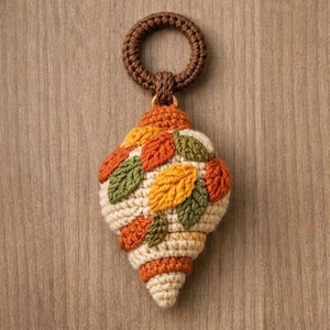 May include: A handmade crochet ornament in the shape of a shell, featuring autumn-colored leaves. The ornament has a brown loop for hanging. The shell is cream, orange, yellow, and green. The ornament is approximately 5 inches long.