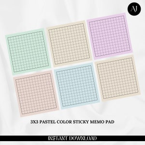 May include: A set of nine pastel colored sticky notes with a grid pattern. The notes are arranged in a 3x3 grid. The colors are light green, beige, light purple, pink, light blue, and beige. The text "3x3 Pastel Color Sticky Memo Pad" is printed below the notes.