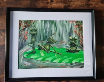 Trio de grenouilles yoga : peinture acrylique originale, art animalier, cadeau pour amoureux de la nature, décoration murale, toile de scène animalière, art zen