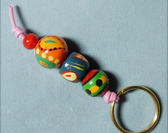 Colorful Boho Painted Wood Bead Key Fob
