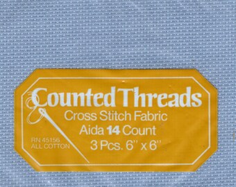 14 Count Aida Cross Stitch Fabric 6" x 6", 3 Pieces Medium Blue with Bonus Light Green