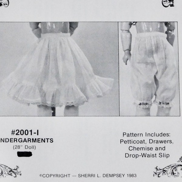 Doll Undergarments Pattern Sherri's Doll Patterns 2001-A, B, C, E, F, G, H, I, J, K Petticoat, Drawers, Chemise, Slip