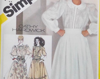 Cathy Hardwick Misses Puffy Sleeve Blouse and Full Skirt with Embroidery Transfer Simplicity Pattern 5360 sizes 6 or 14 UNCUT Vintage 1981