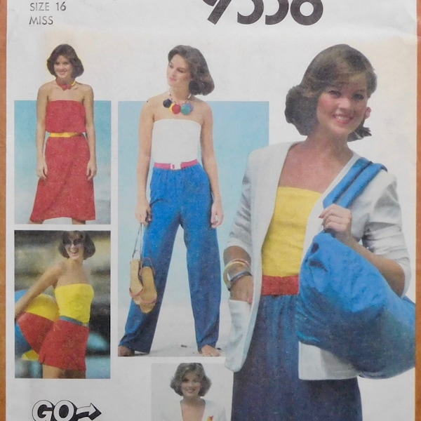 Misses Dress, Skirt, Tube Top, Pants, Shorts, Unlined Cardigan Simplicity Sewing Pattern 9538 size 16 UNCUT Vintage 1980