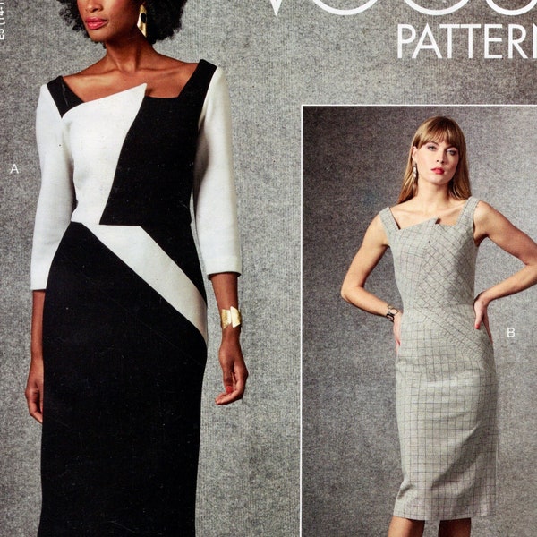 Lined Dress, Shaped Neckline, Sleeve and Contrast Variations, Vogue Sewing Pattern V1673 sizes 14 16 18 20 22, Out of Print