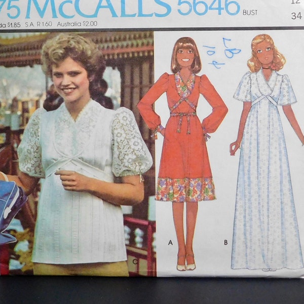 Misses Dress and Top, Babydoll Style McCalls Sewing Pattern 5646, size 12 Vintage 1977