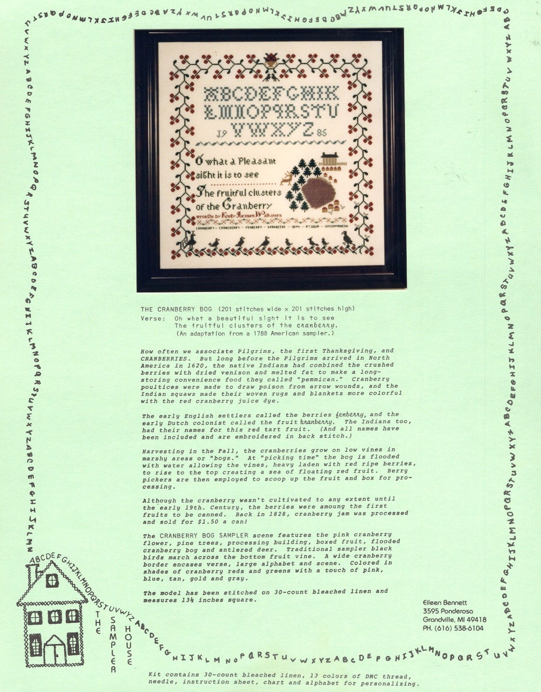 The Cranberry Bog, Sampler Embroidery Pattern, by Eileen the